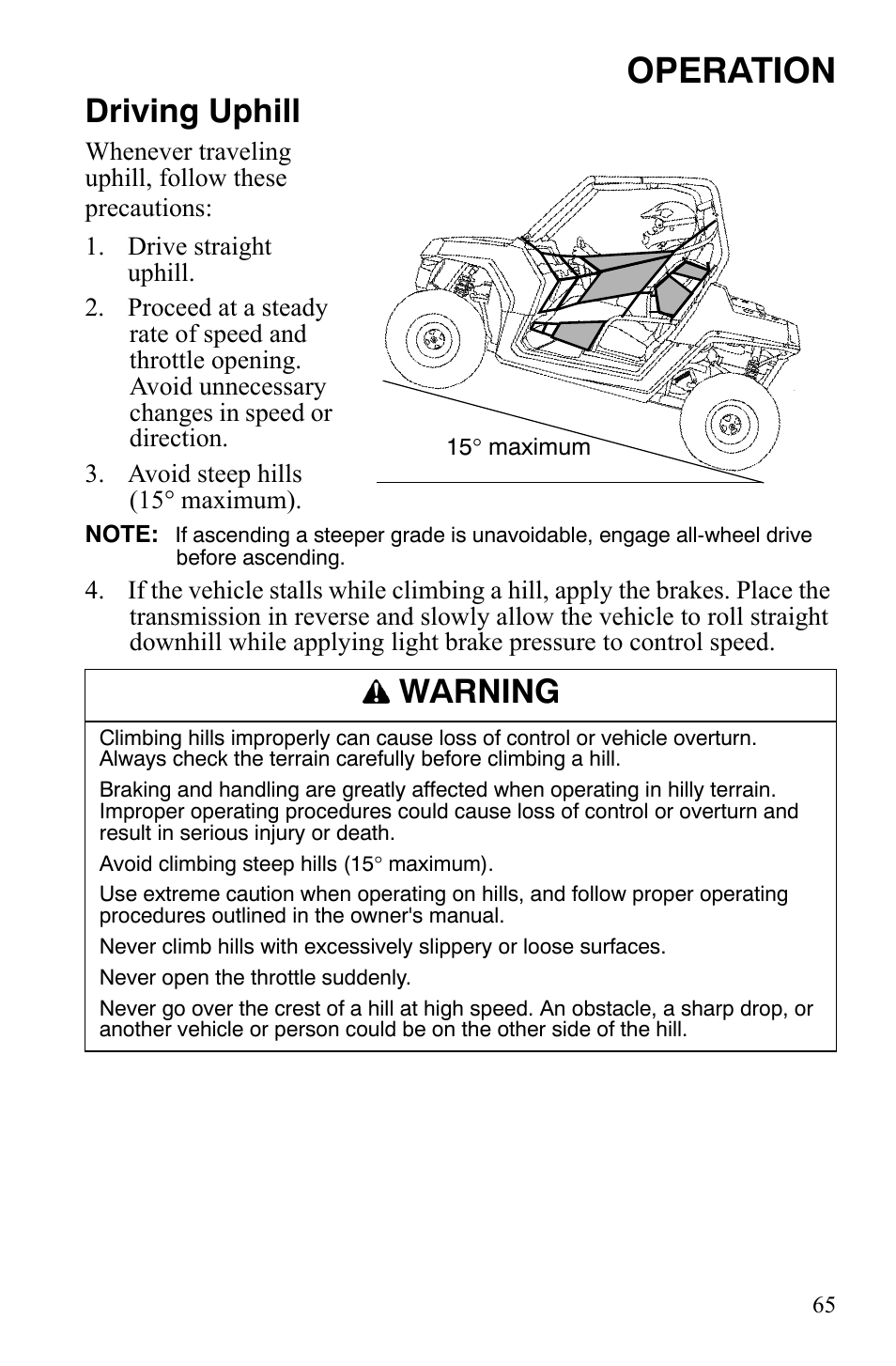Operation, Driving uphill, Warning | Polaris 2008 Ranger RZR User Manual | Page 68 / 146