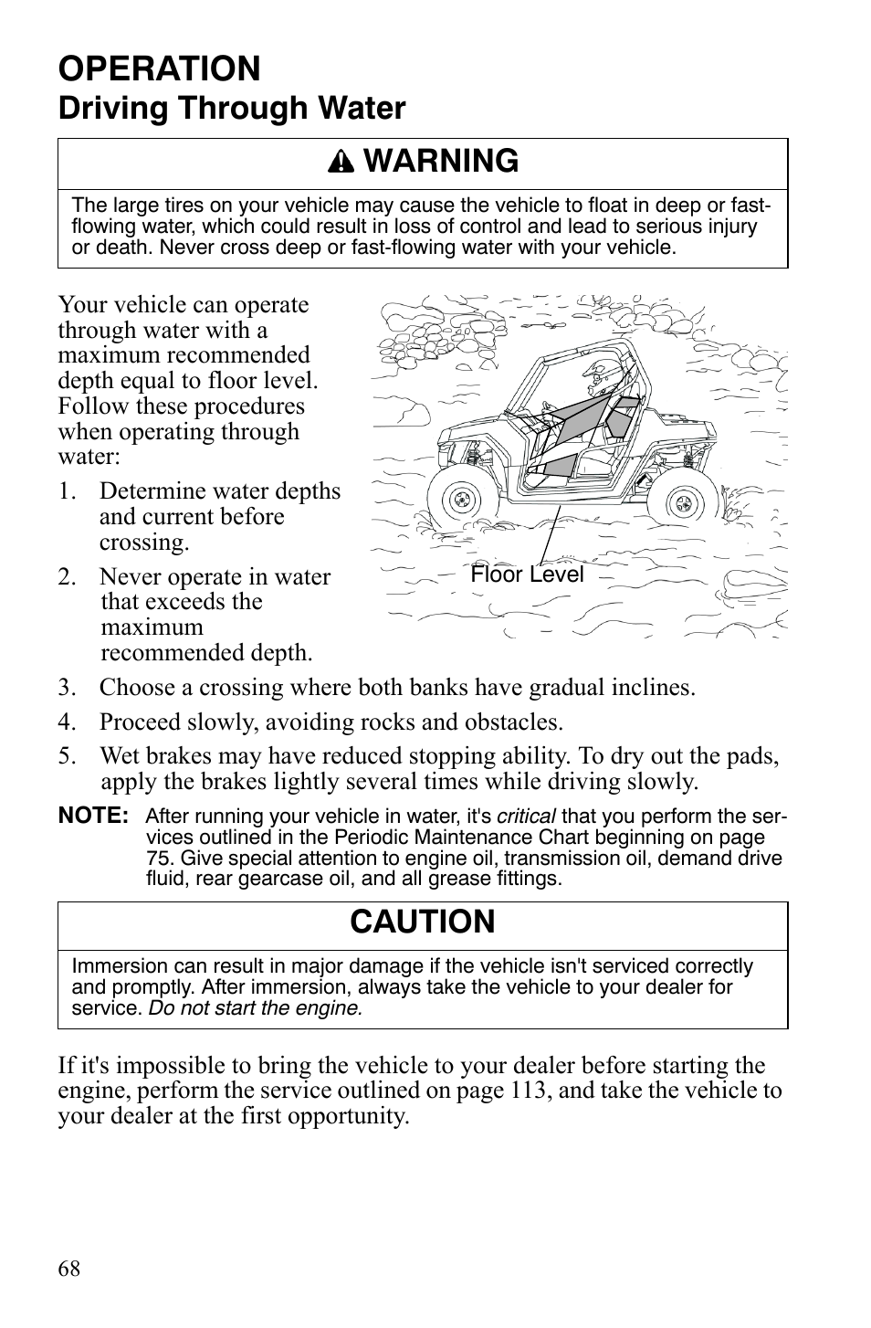 Operation, Driving through water, Warning | Caution | Polaris 2008 Ranger RZR User Manual | Page 71 / 146