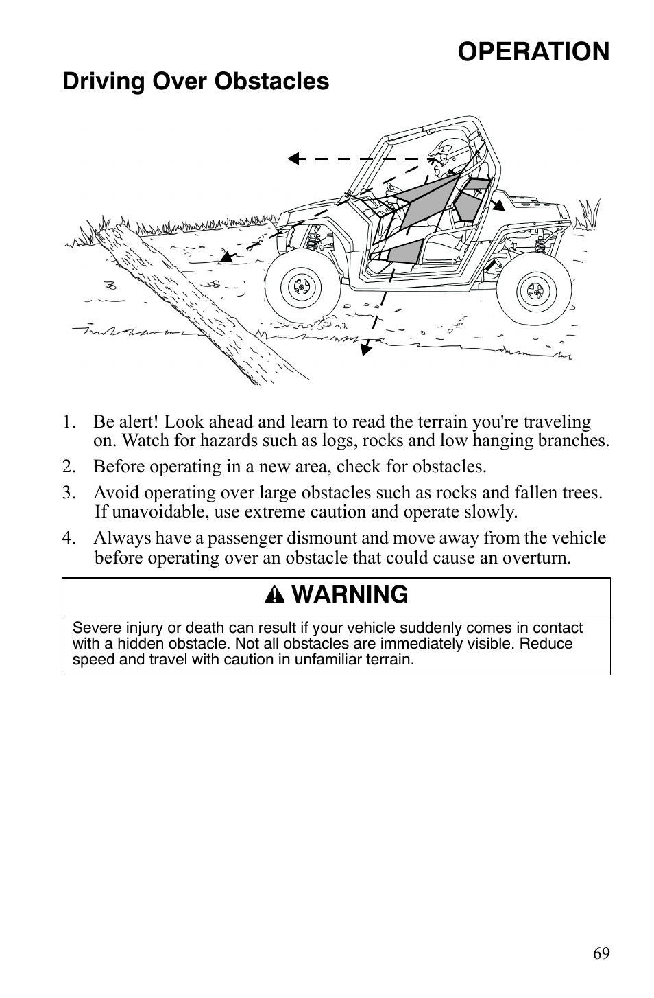 Operation, Driving over obstacles, Warning | Polaris 2008 Ranger RZR User Manual | Page 72 / 146
