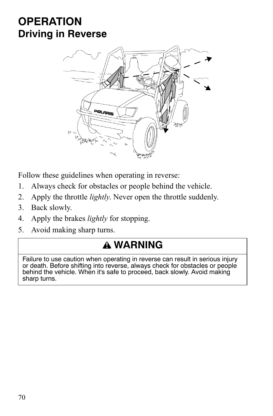 Operation, Driving in reverse, Warning | Polaris 2008 Ranger RZR User Manual | Page 73 / 146