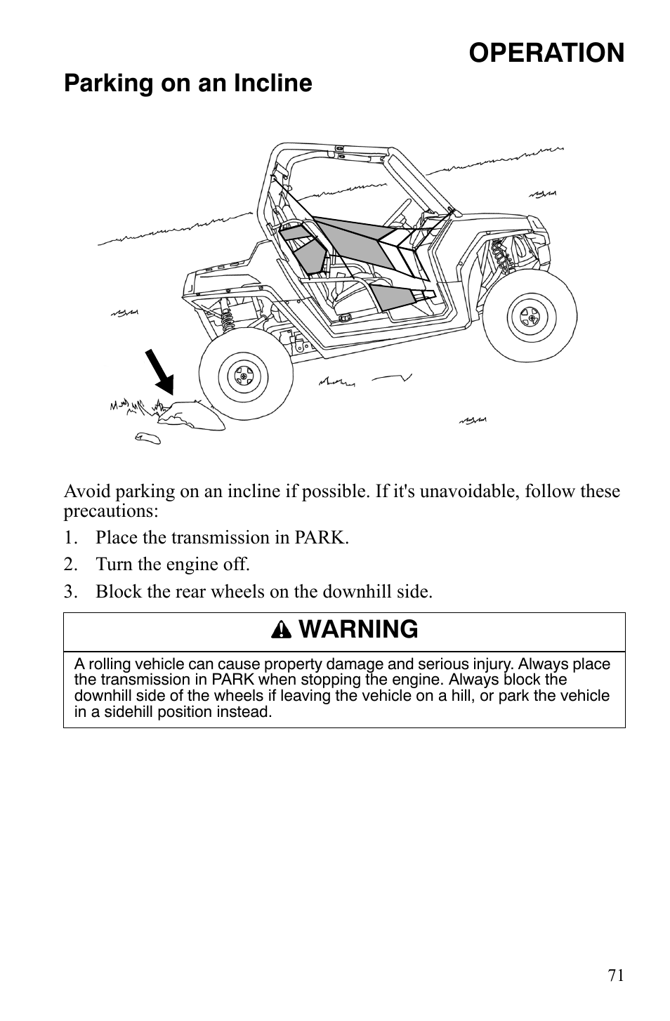 Operation, Parking on an incline, Warning | Polaris 2008 Ranger RZR User Manual | Page 74 / 146