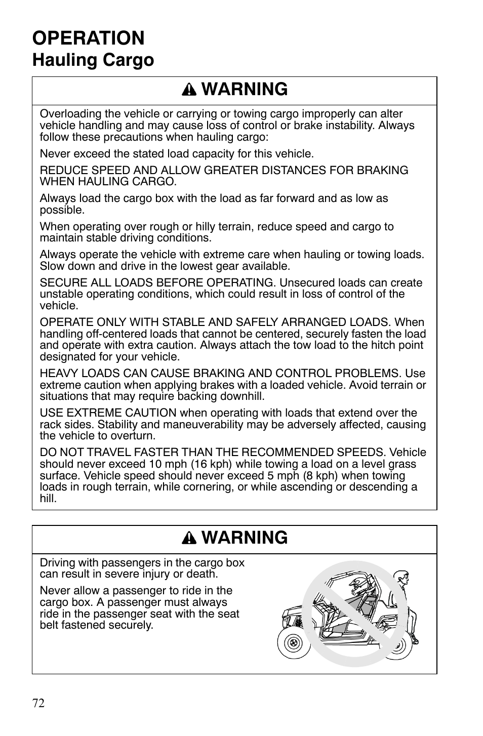 Operation, Hauling cargo warning, Warning | Polaris 2008 Ranger RZR User Manual | Page 75 / 146