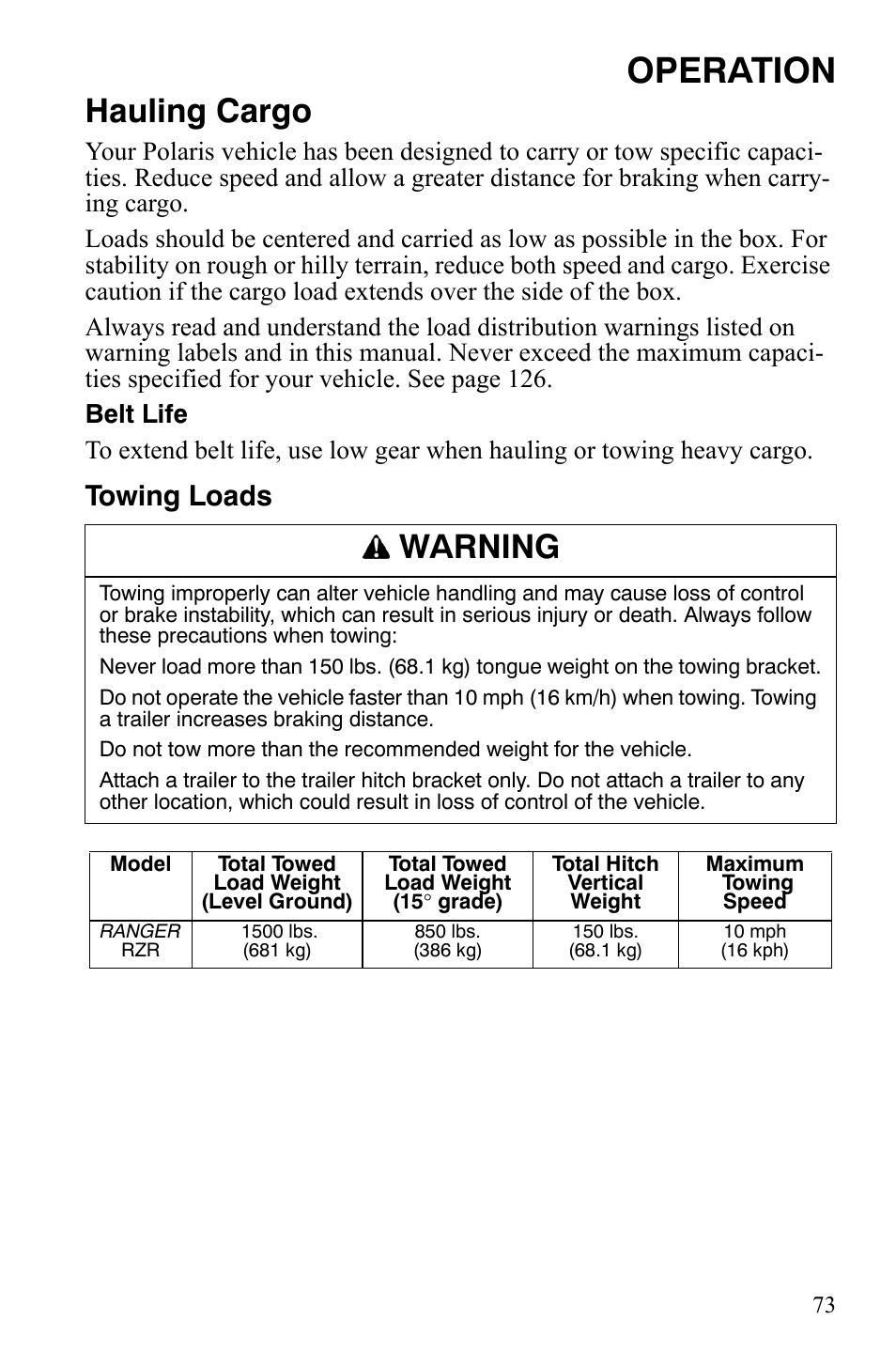 Operation, Hauling cargo, Warning | Towing loads | Polaris 2008 Ranger RZR User Manual | Page 76 / 146