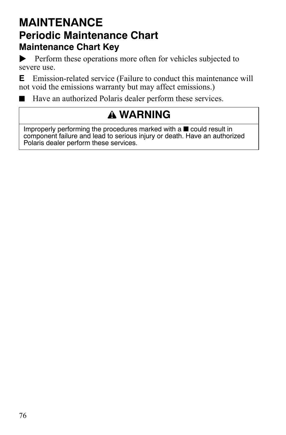 Maintenance, Periodic maintenance chart, Warning | Polaris 2008 Ranger RZR User Manual | Page 79 / 146
