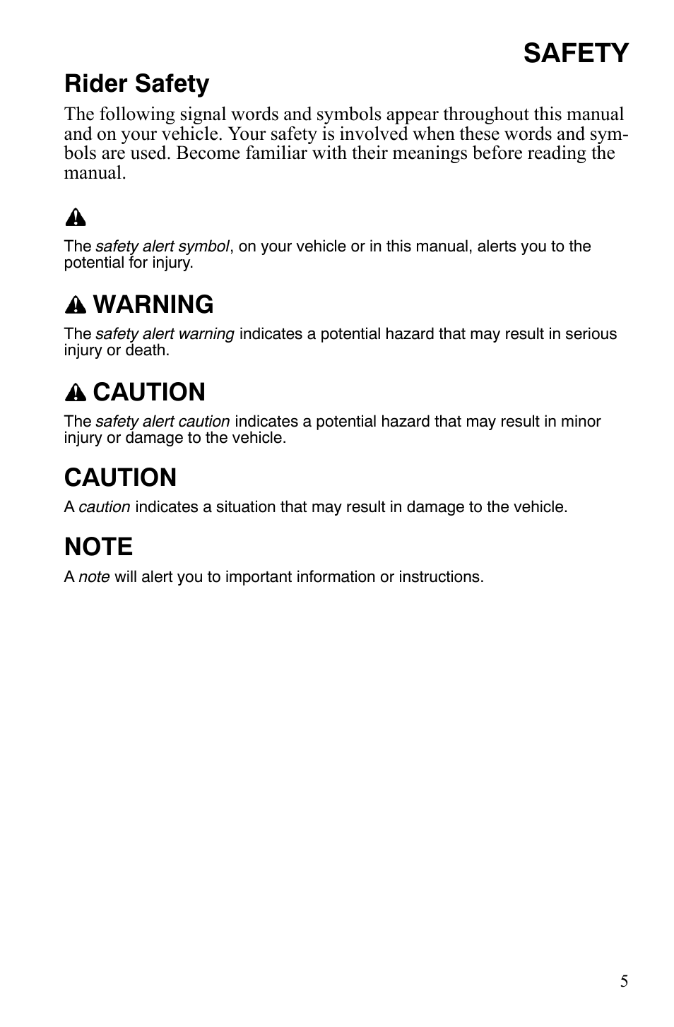 Safety, Rider safety, Warning | Caution | Polaris 2008 Ranger RZR User Manual | Page 8 / 146