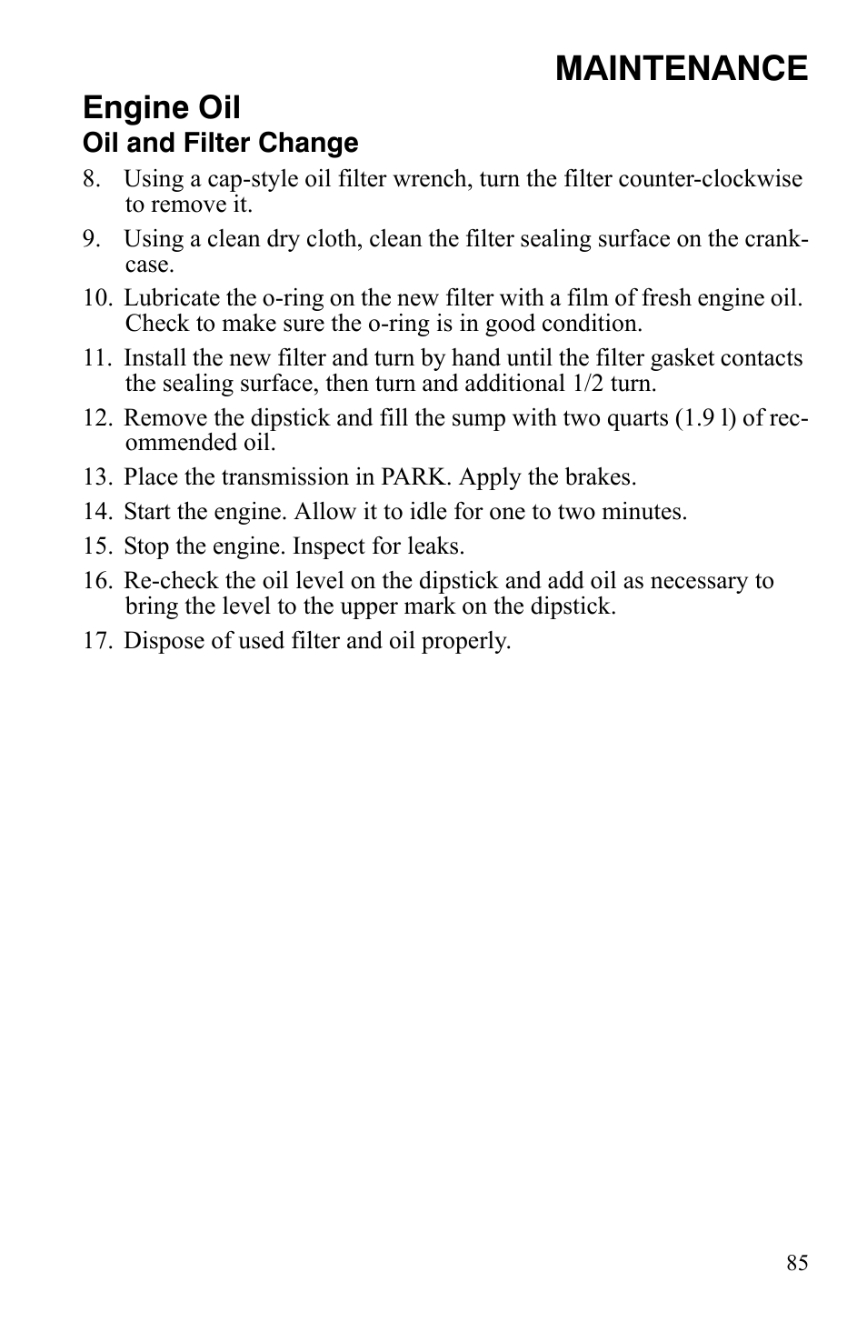 Maintenance, Engine oil | Polaris 2008 Ranger RZR User Manual | Page 88 / 146