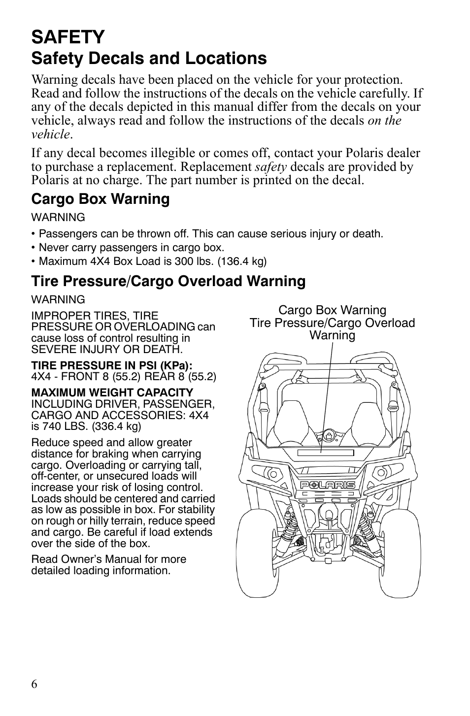 Safety, Safety decals and locations, Cargo box warning | Tire pressure/cargo overload warning | Polaris 2008 Ranger RZR User Manual | Page 9 / 146