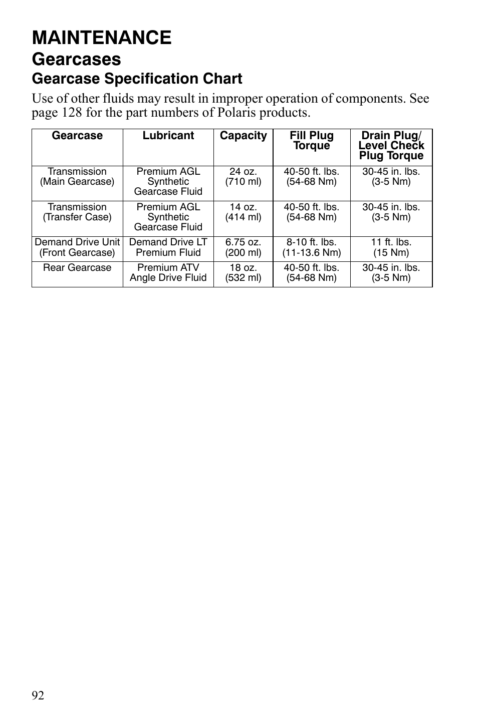 Maintenance, Gearcases, Gearcase specification chart | Polaris 2008 Ranger RZR User Manual | Page 95 / 146