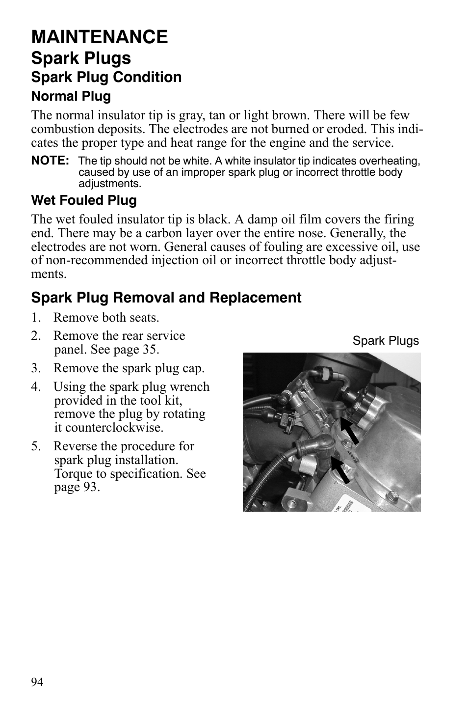 Maintenance, Spark plugs | Polaris 2008 Ranger RZR User Manual | Page 97 / 146