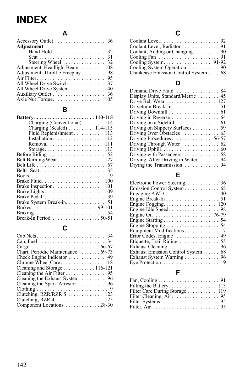 Index | Polaris 2011 RZR User Manual | Page 146 / 148