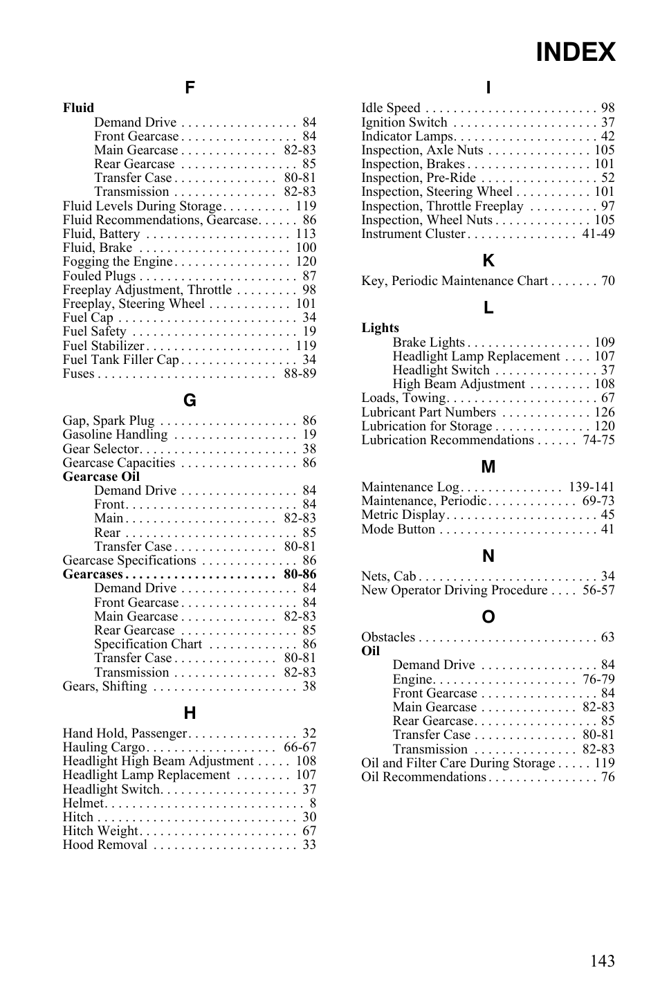 Index | Polaris 2011 RZR User Manual | Page 147 / 148