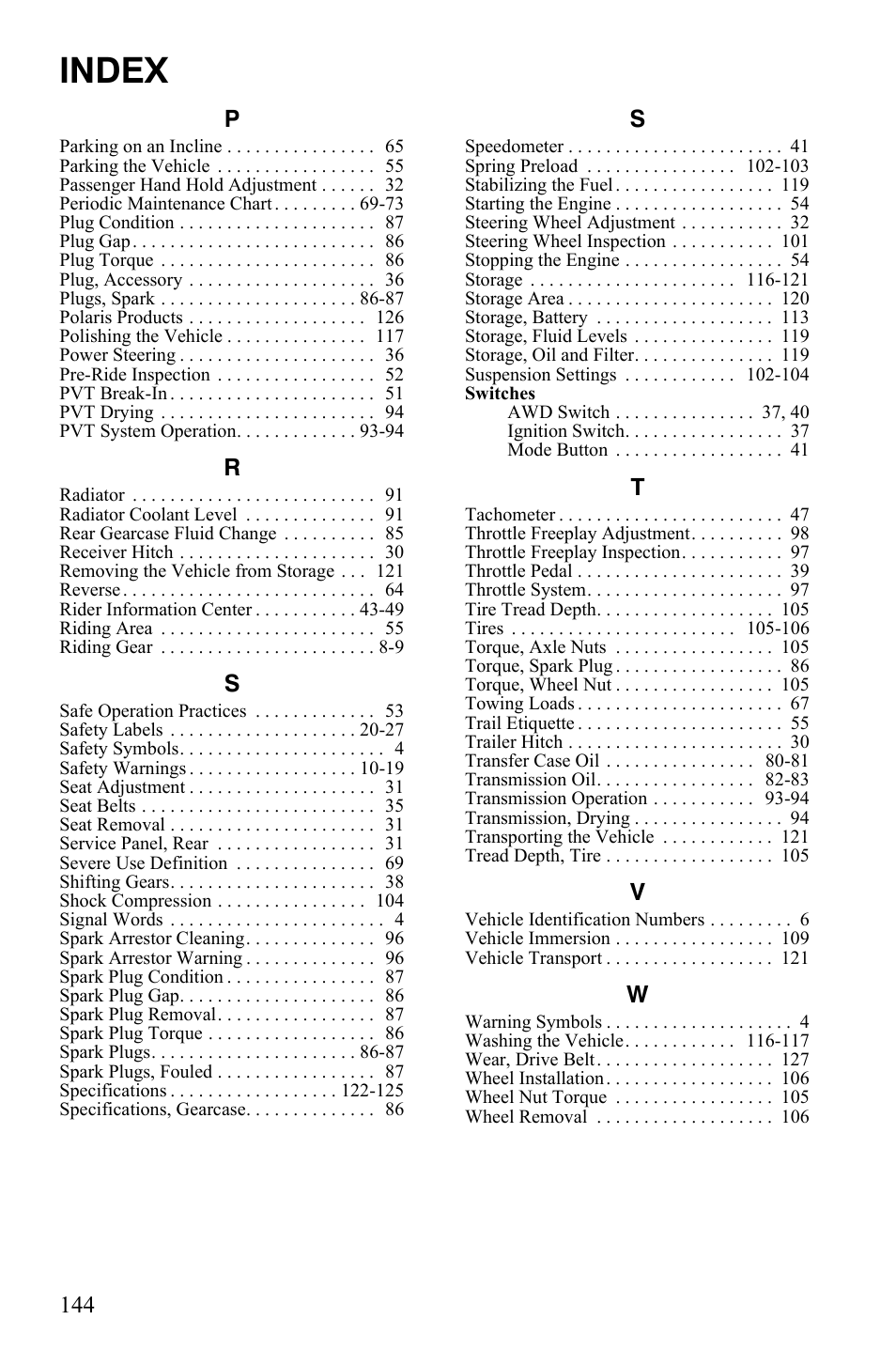 Index | Polaris 2011 RZR User Manual | Page 148 / 148