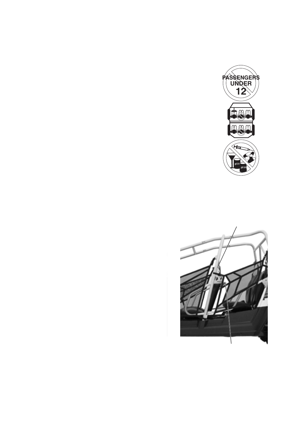 Safety, Safety labels and locations, Passenger safety warning (rzr 4) | Rear passenger cab frame warn- ing (rzr 4), Rear passenger grab bar warning (rzr 4) | Polaris 2011 RZR User Manual | Page 31 / 148