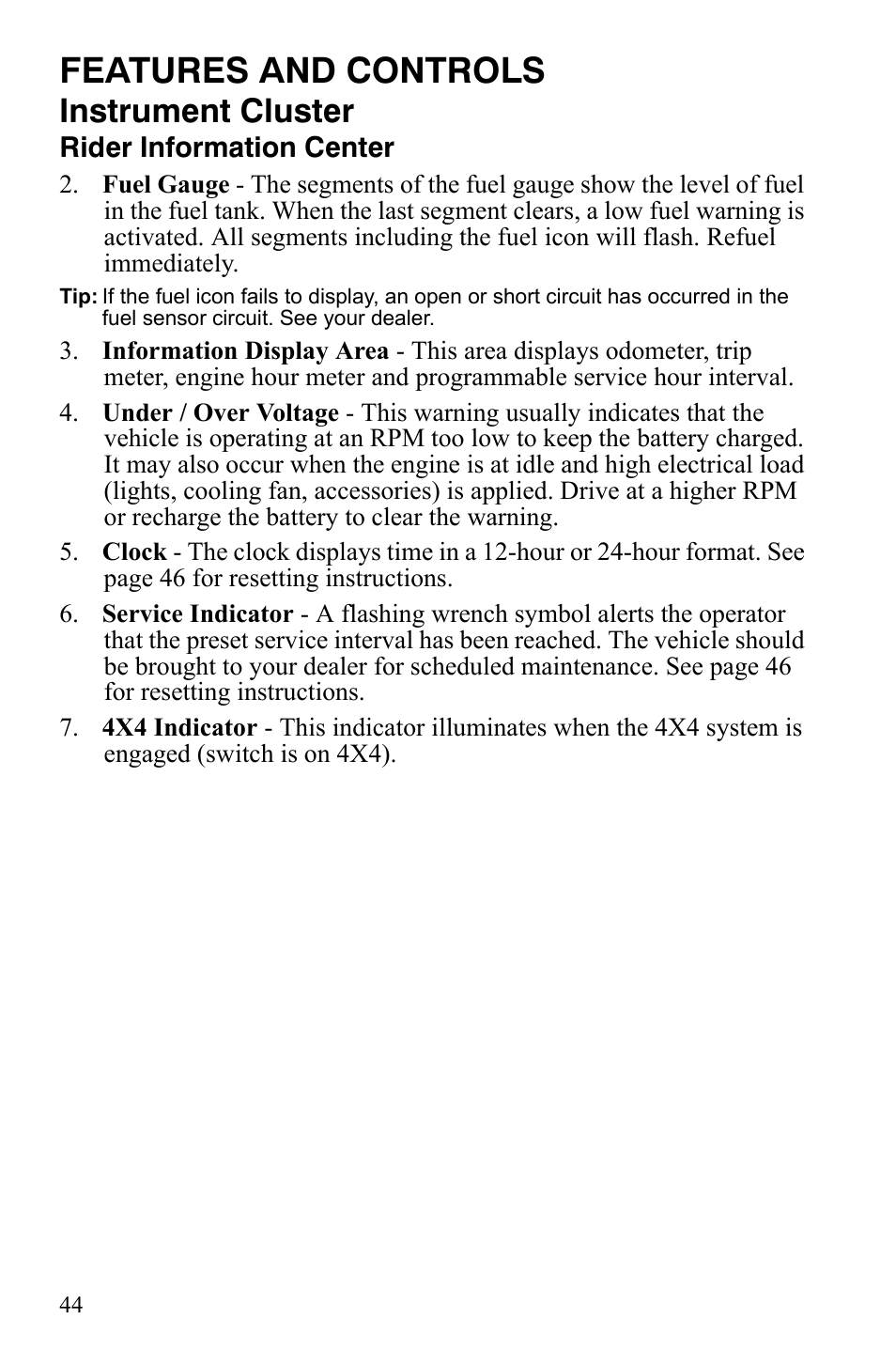 Features and controls, Instrument cluster | Polaris 2011 RZR User Manual | Page 48 / 148