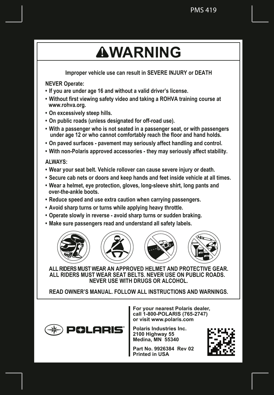 Warning, Pms 419 | Polaris 2016 RZR 900 User Manual | Page 160 / 160