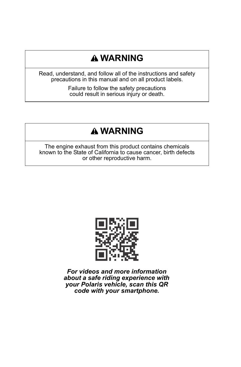 Warning | Polaris 2016 RZR 900 User Manual | Page 2 / 160