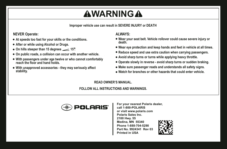 Warning | Polaris 2013 BRUTUS Owner's Manual User Manual | Page 142 / 142