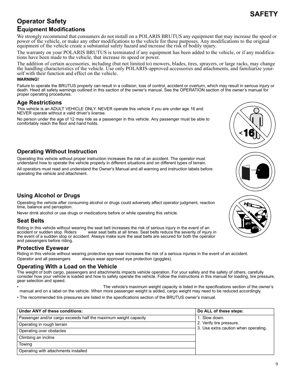 Safety, Operator safety | Polaris 2013 BRUTUS Accessory Mower User Manual | Page 10 / 47