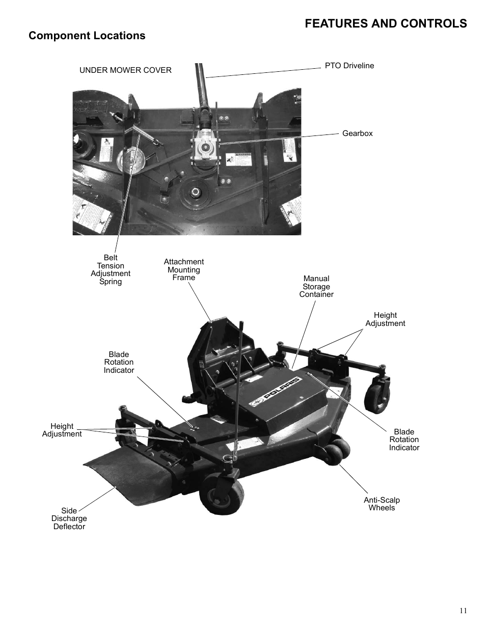 Features and controls, Component locations | Polaris 2013 BRUTUS Accessory Mower User Manual | Page 12 / 47