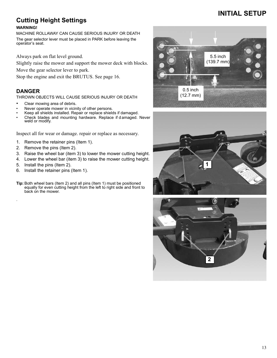 Initial setup, Cutting height settings | Polaris 2013 BRUTUS Accessory Mower User Manual | Page 14 / 47