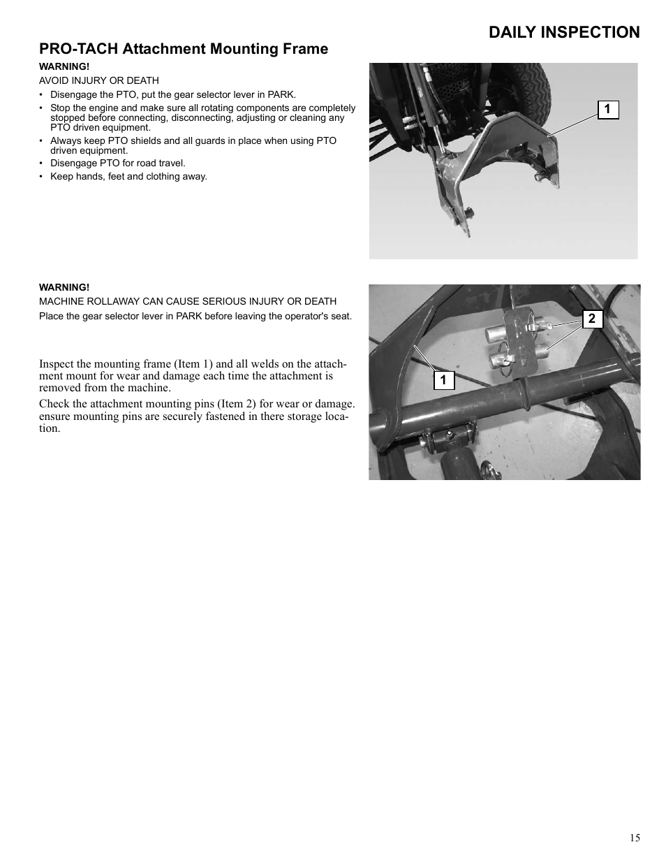 Daily inspection, Pro-tach attachment mounting frame | Polaris 2013 BRUTUS Accessory Mower User Manual | Page 16 / 47