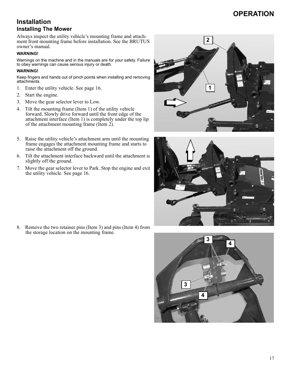 Operation, Installation | Polaris 2013 BRUTUS Accessory Mower User Manual | Page 18 / 47