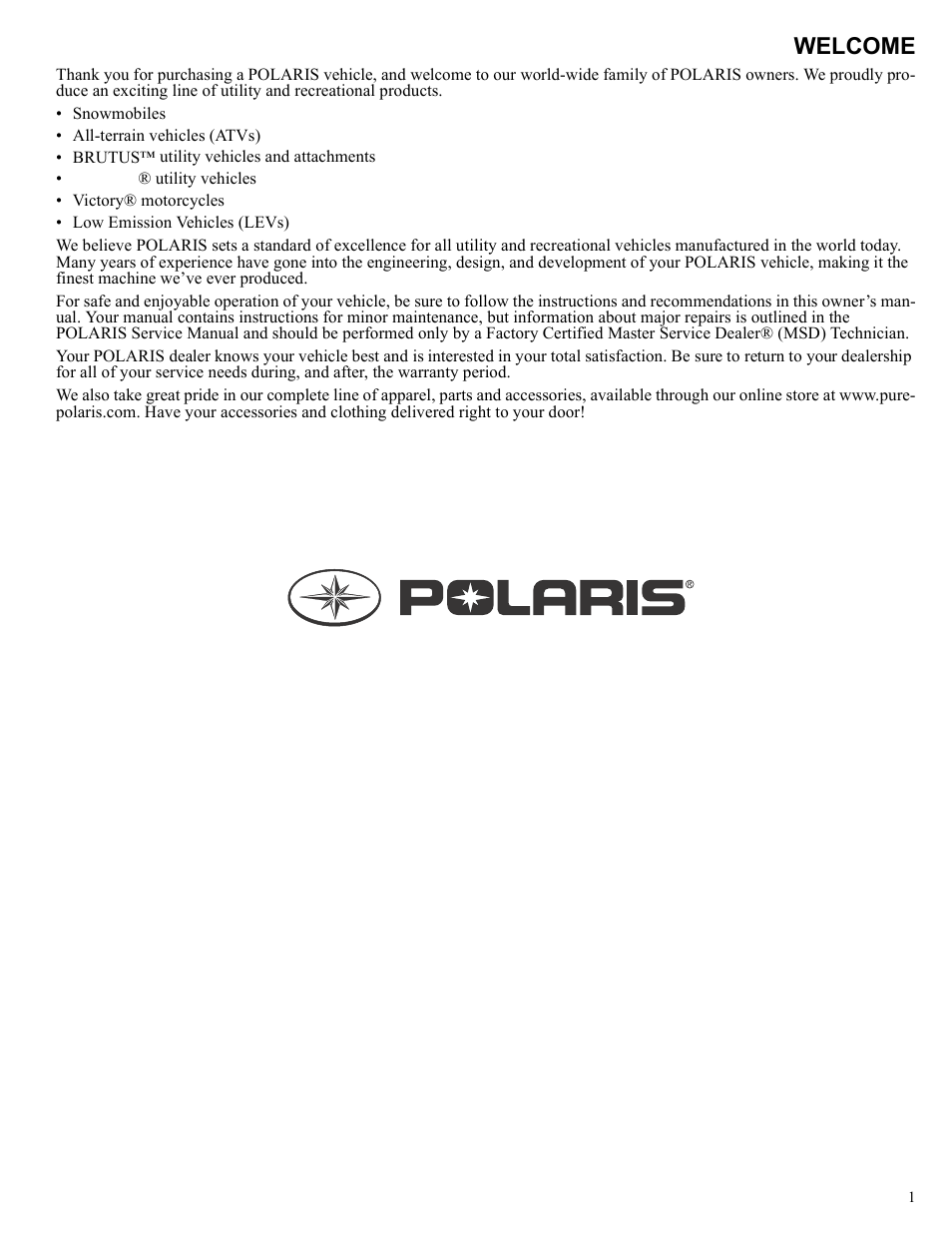 Welcome | Polaris 2013 BRUTUS Accessory Mower User Manual | Page 2 / 47