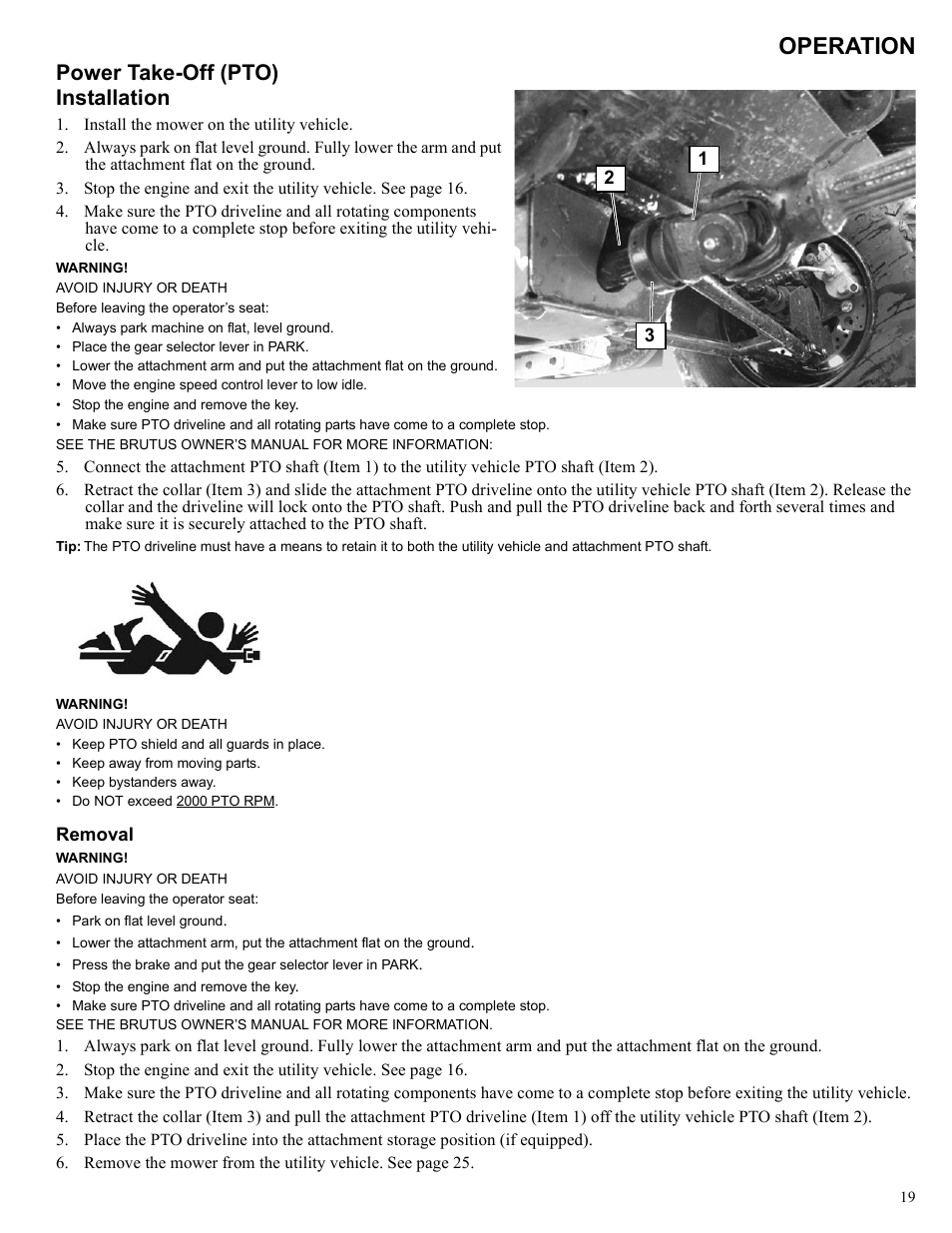 Operation, Power take-off (pto) installation | Polaris 2013 BRUTUS Accessory Mower User Manual | Page 20 / 47