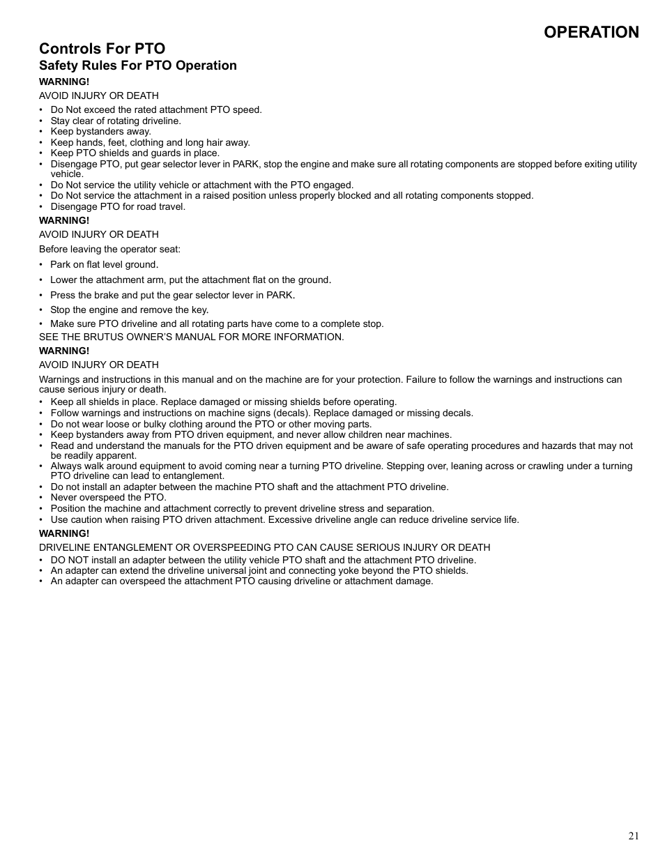 Operation, Controls for pto | Polaris 2013 BRUTUS Accessory Mower User Manual | Page 22 / 47