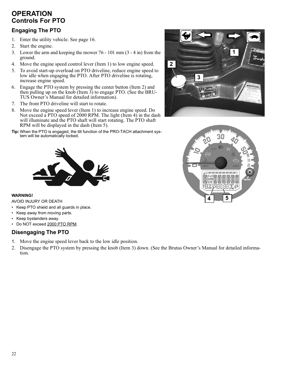 Operation, Controls for pto | Polaris 2013 BRUTUS Accessory Mower User Manual | Page 23 / 47