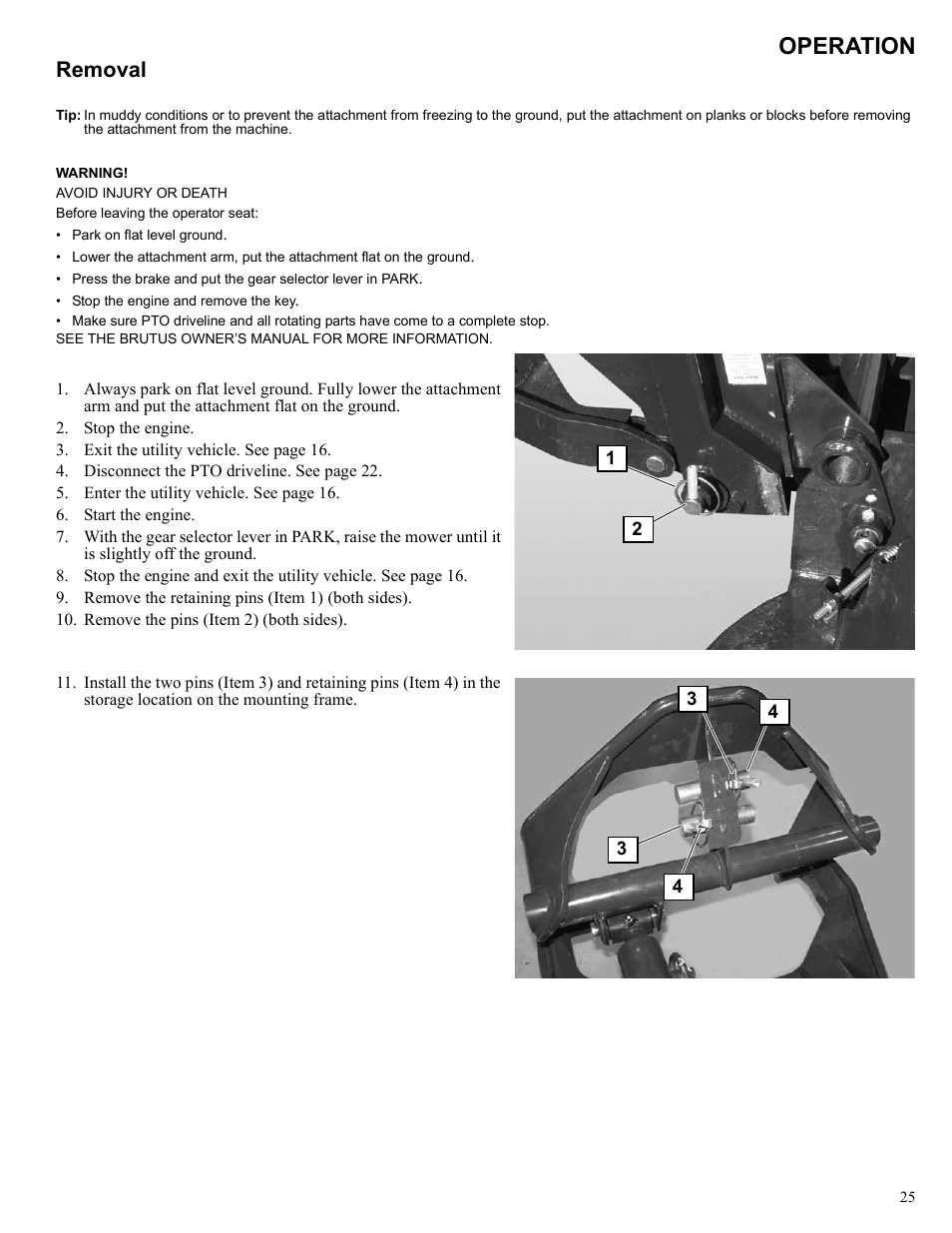 Operation, Removal | Polaris 2013 BRUTUS Accessory Mower User Manual | Page 26 / 47