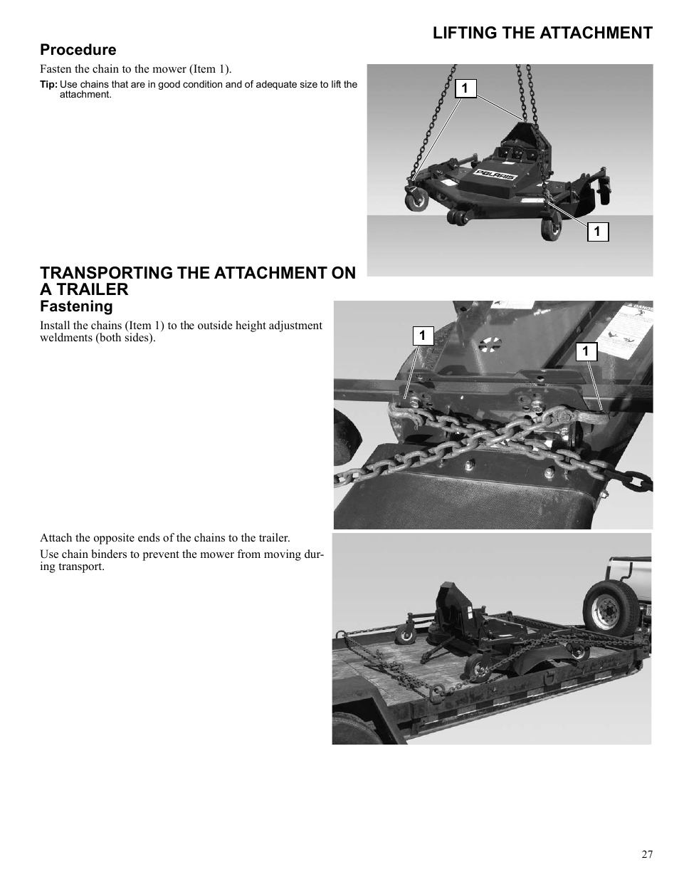 Lifting the attachment, Transporting the attachment on a trailer | Polaris 2013 BRUTUS Accessory Mower User Manual | Page 28 / 47