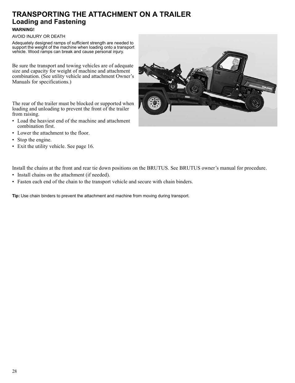 Transporting the attachment on a trailer, Loading and fastening | Polaris 2013 BRUTUS Accessory Mower User Manual | Page 29 / 47