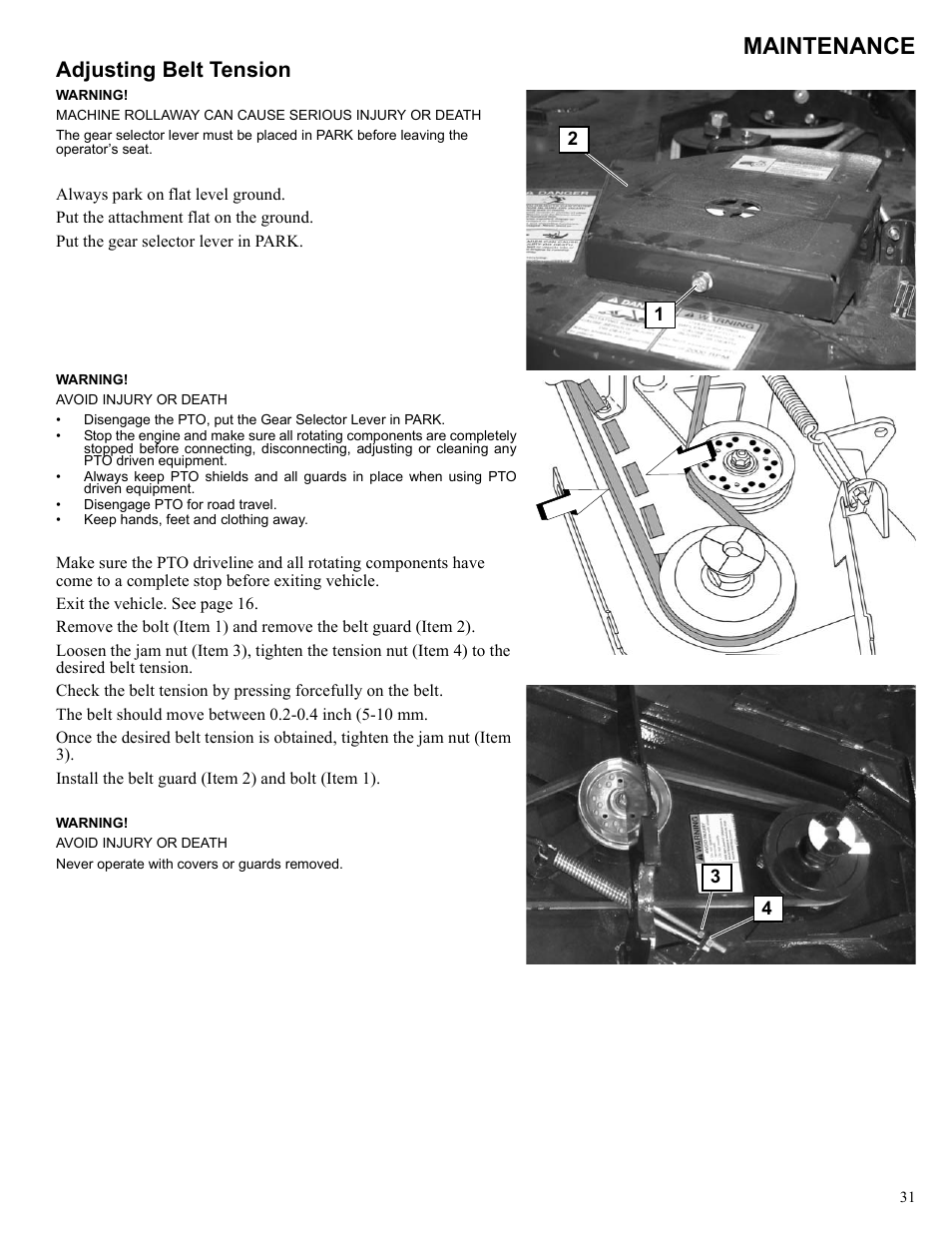 Maintenance, Adjusting belt tension | Polaris 2013 BRUTUS Accessory Mower User Manual | Page 32 / 47