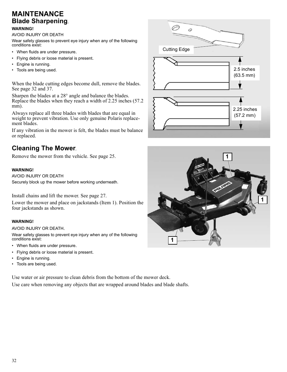 Maintenance, Blade sharpening, Cleaning the mower | Polaris 2013 BRUTUS Accessory Mower User Manual | Page 33 / 47