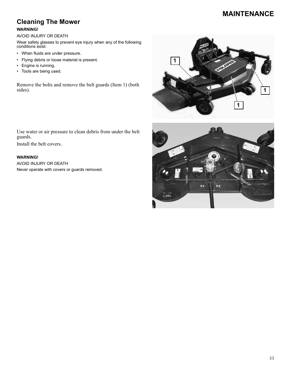 Maintenance, Cleaning the mower | Polaris 2013 BRUTUS Accessory Mower User Manual | Page 34 / 47