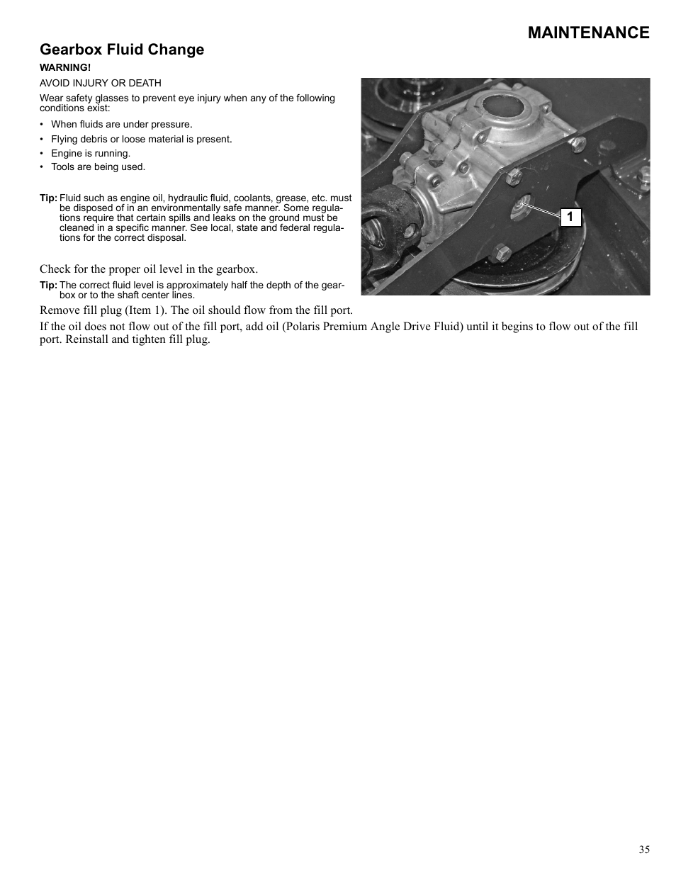 Maintenance, Gearbox fluid change | Polaris 2013 BRUTUS Accessory Mower User Manual | Page 36 / 47