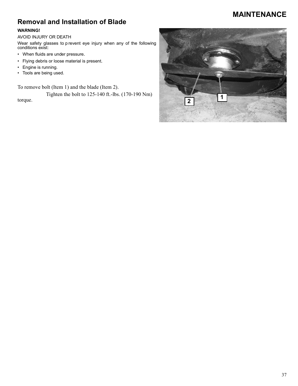 D 37, Maintenance, Removal and installation of blade | Polaris 2013 BRUTUS Accessory Mower User Manual | Page 38 / 47