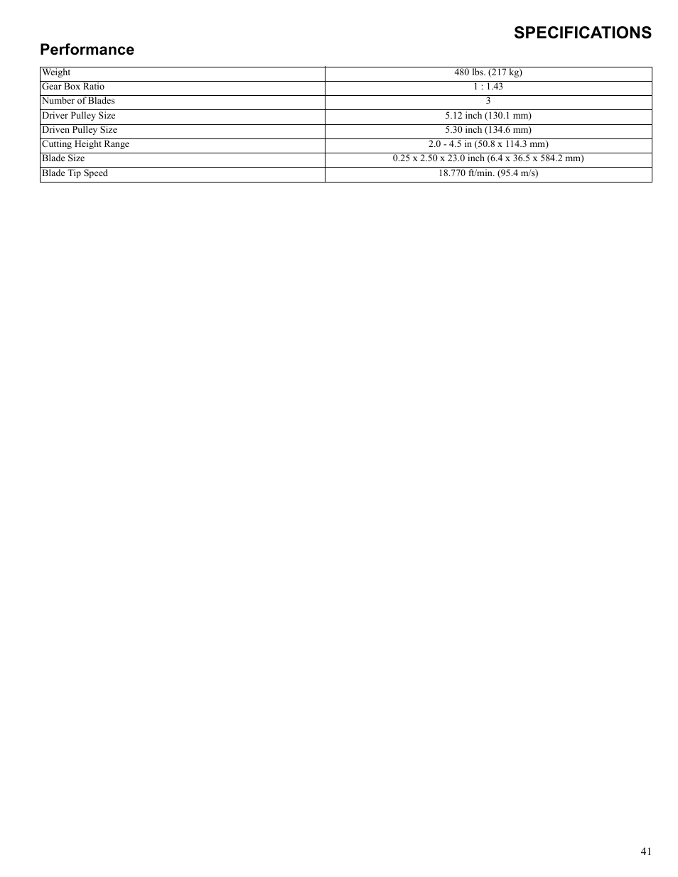 Specifications, Performance | Polaris 2013 BRUTUS Accessory Mower User Manual | Page 42 / 47