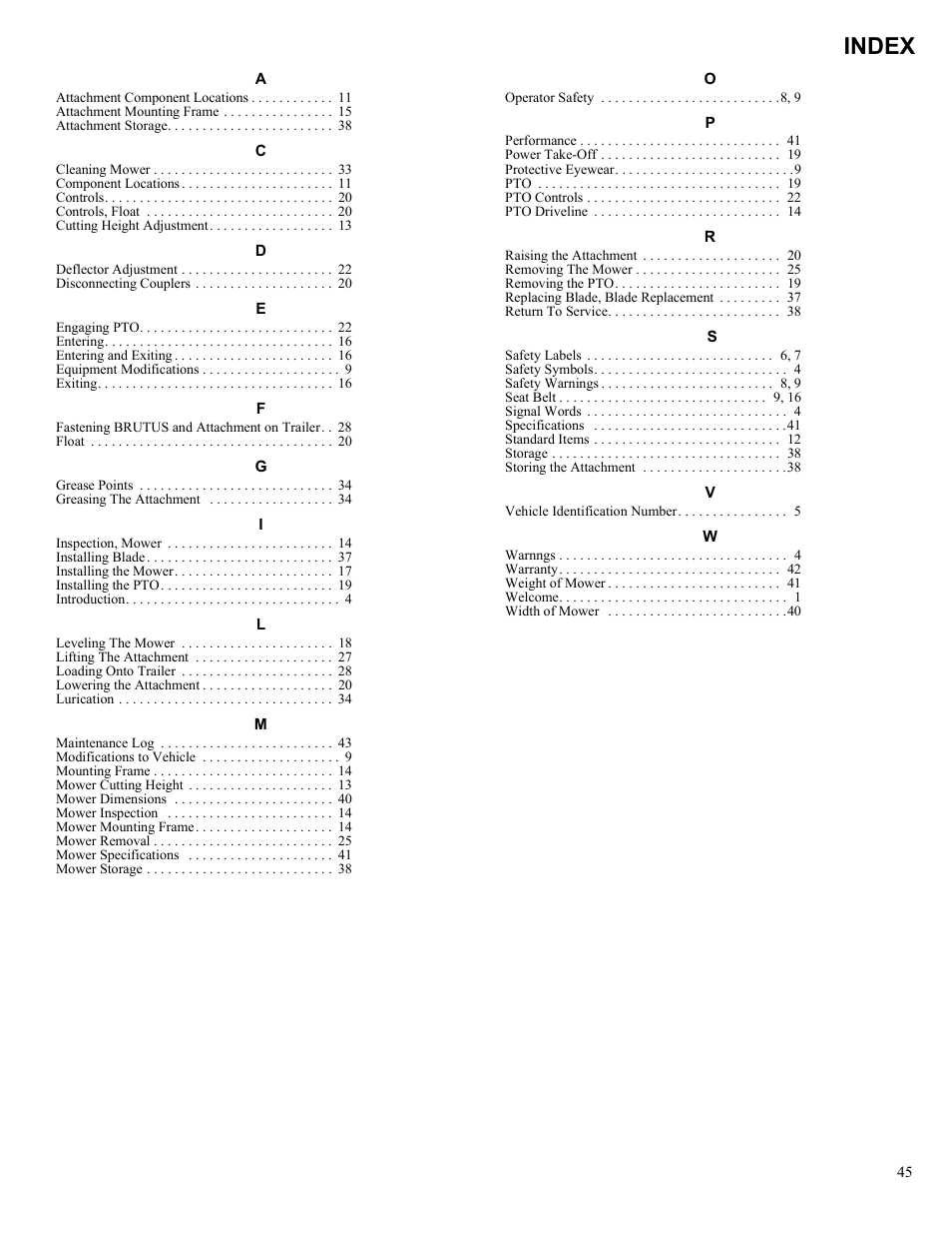 Index | Polaris 2013 BRUTUS Accessory Mower User Manual | Page 46 / 47