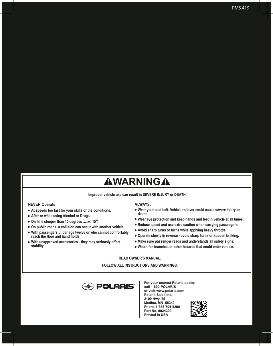 Warning | Polaris 2013 BRUTUS Accessory Mower User Manual | Page 47 / 47