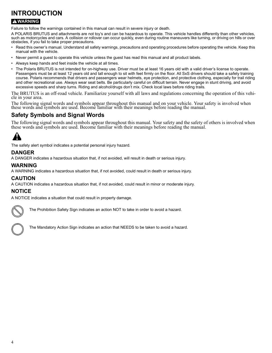 Introduction, Safety symbols and signal words | Polaris 2013 BRUTUS Accessory Mower User Manual | Page 5 / 47