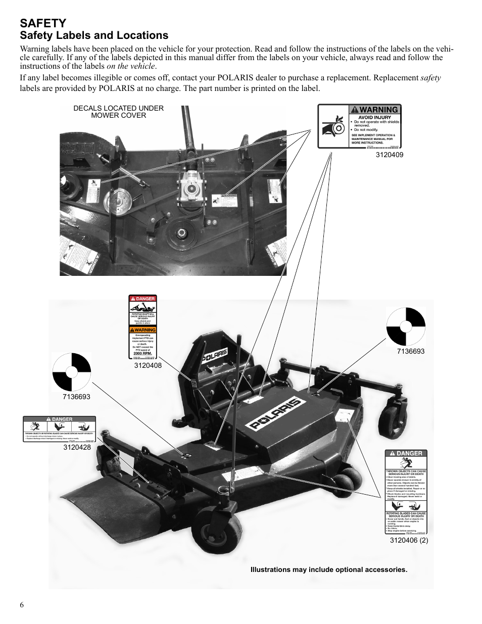 Safety, Safety labels and locations | Polaris 2013 BRUTUS Accessory Mower User Manual | Page 7 / 47