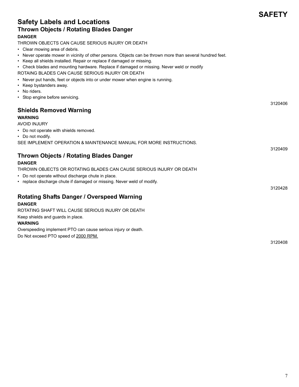 Safety, Safety labels and locations | Polaris 2013 BRUTUS Accessory Mower User Manual | Page 8 / 47