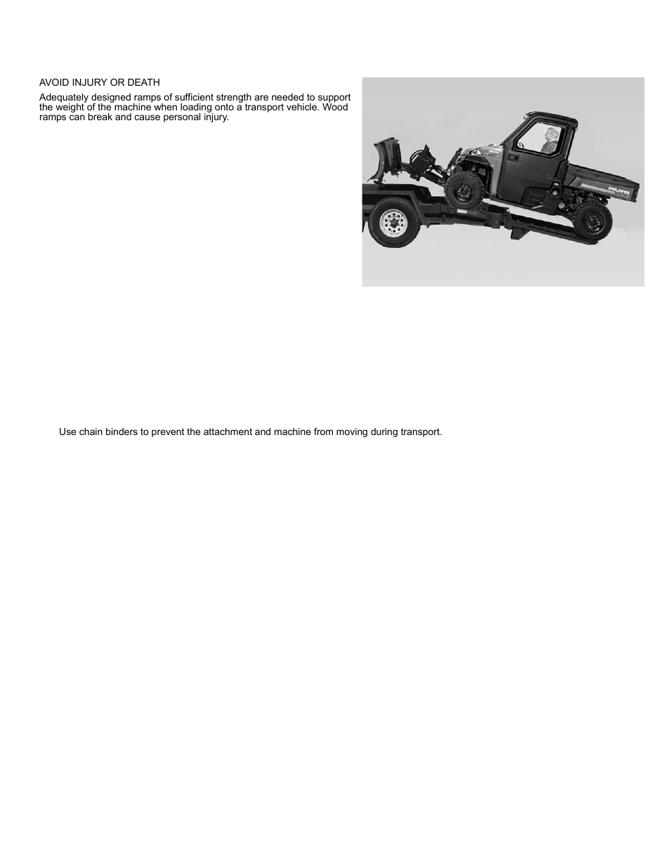 Transporting the attachment on a trailer, Loading and fastening | Polaris 2013 BRUTUS Accessory Snow Blade User Manual | Page 28 / 53