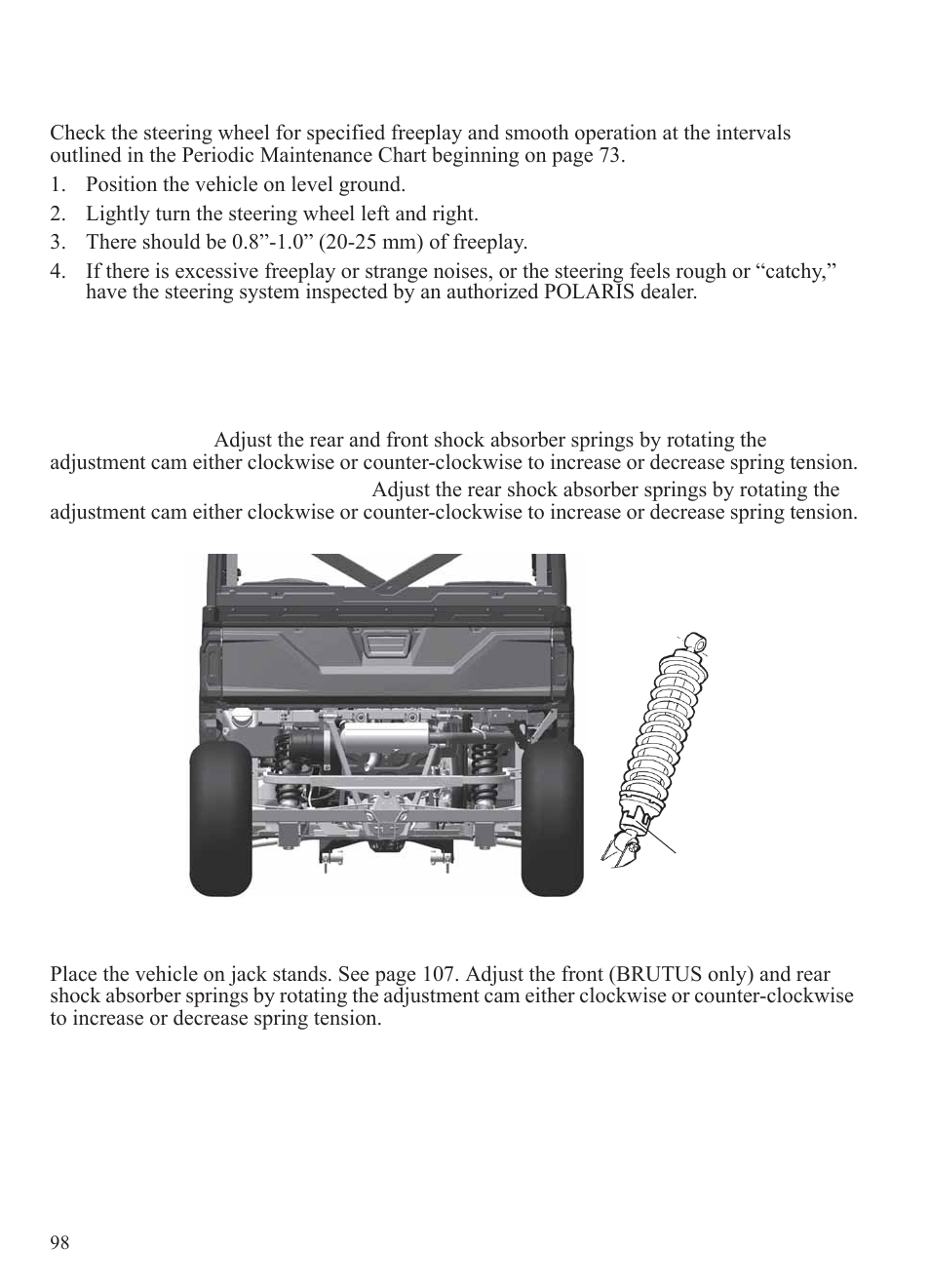 Maintenance, Steering wheel inspection, Suspension / spring adjustments | Polaris 2014 BRUTUS Owner's Manual User Manual | Page 100 / 136