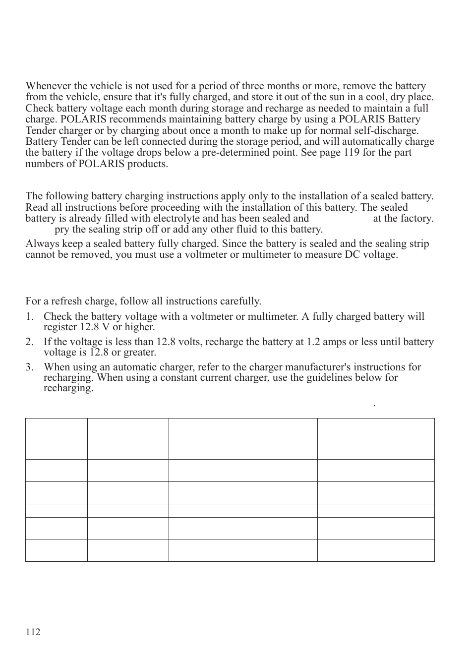 Maintenance, Battery, Battery storage | Battery charging | Polaris 2014 BRUTUS Owner's Manual User Manual | Page 114 / 136