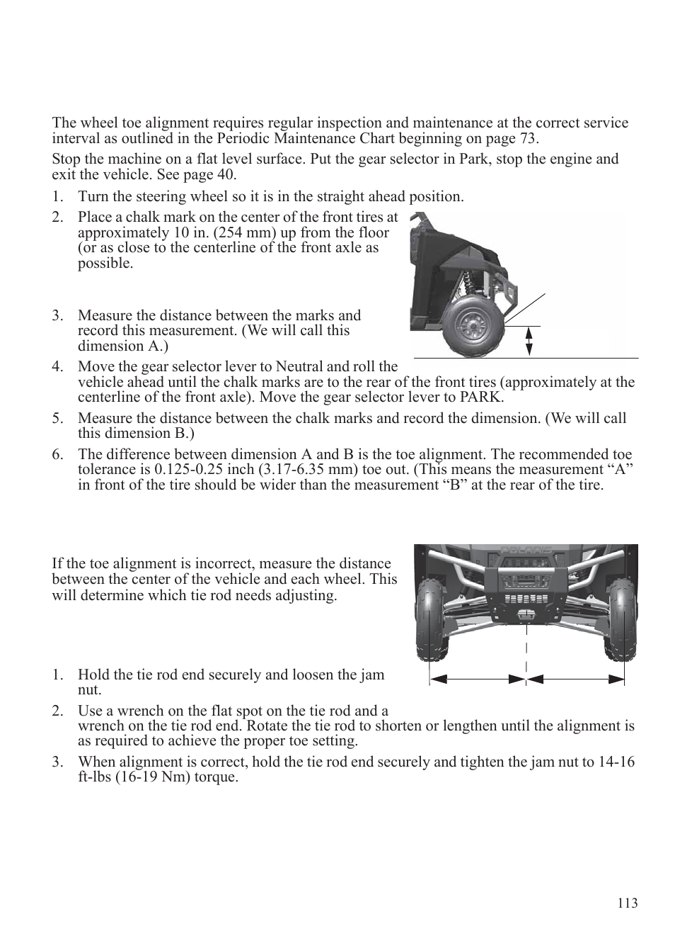 Maintenance, Wheel toe alignment | Polaris 2014 BRUTUS Owner's Manual User Manual | Page 115 / 136