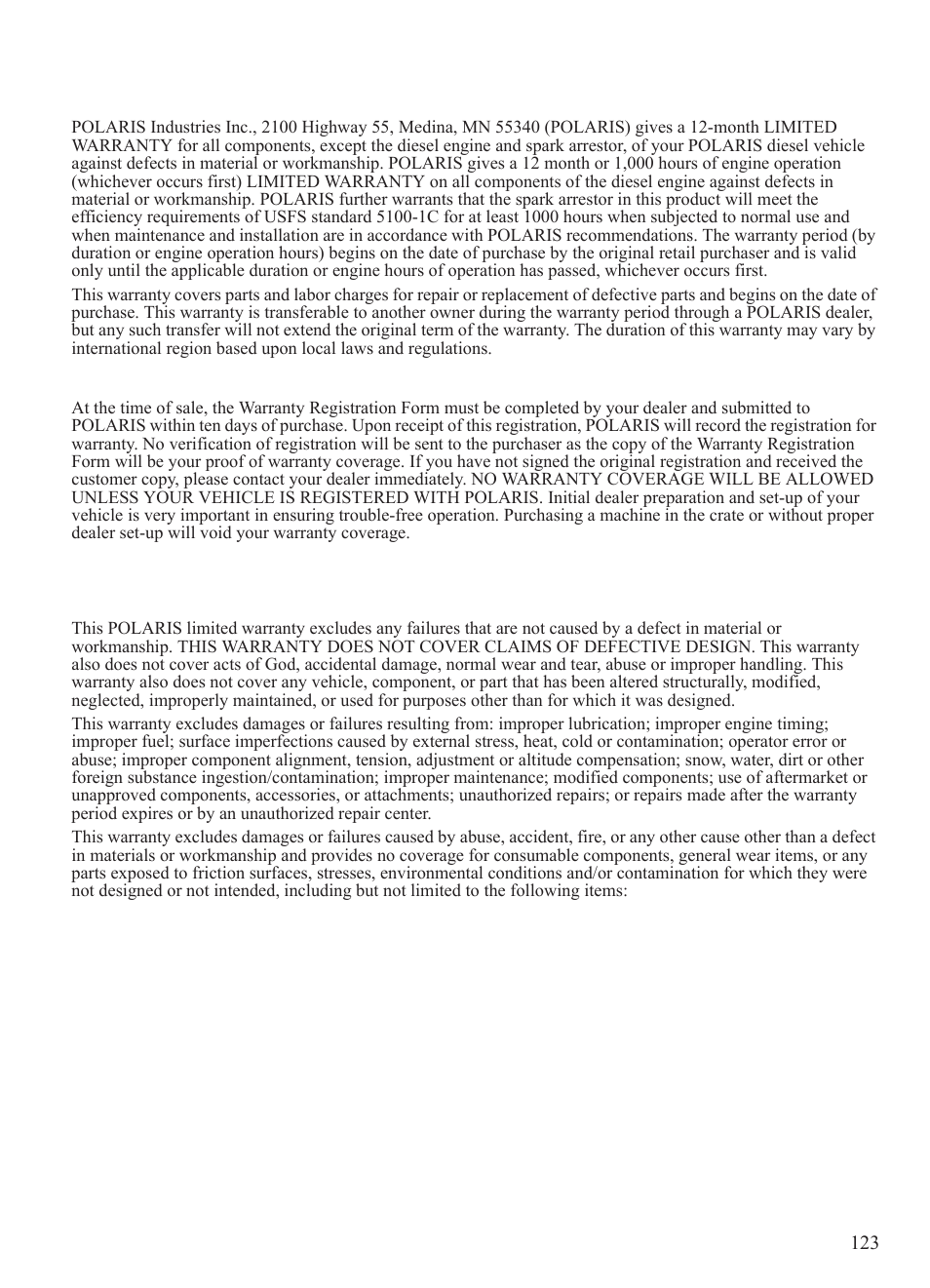 Warranty, Limited warranty, Registration | Polaris 2014 BRUTUS Owner's Manual User Manual | Page 125 / 136
