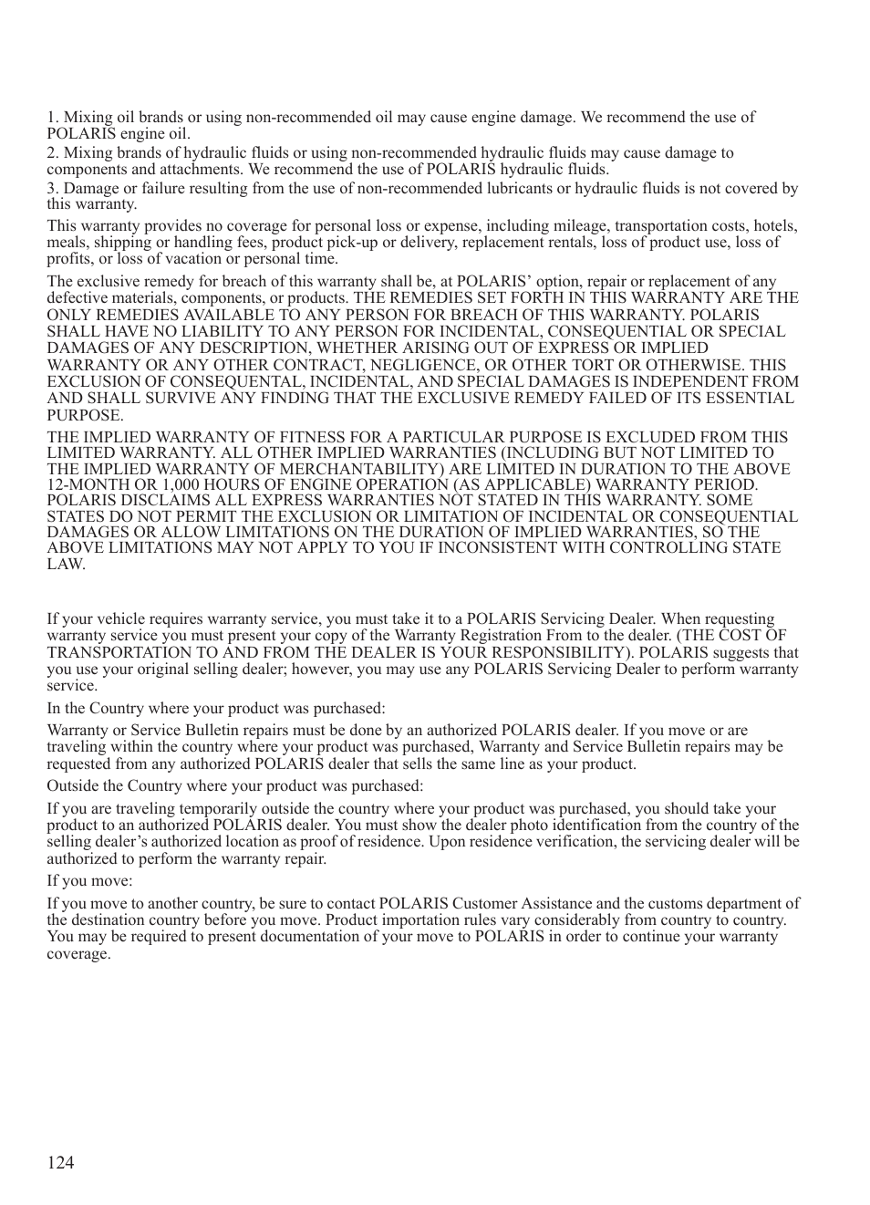 Warranty, Lubricants and fluids, How to obtain warranty service | Polaris 2014 BRUTUS Owner's Manual User Manual | Page 126 / 136